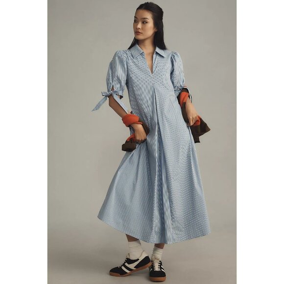 English Factory Puff-Sleeve A-Line Midi Shirt Dress Blue & White Striped Womens - Picture 1 of 12